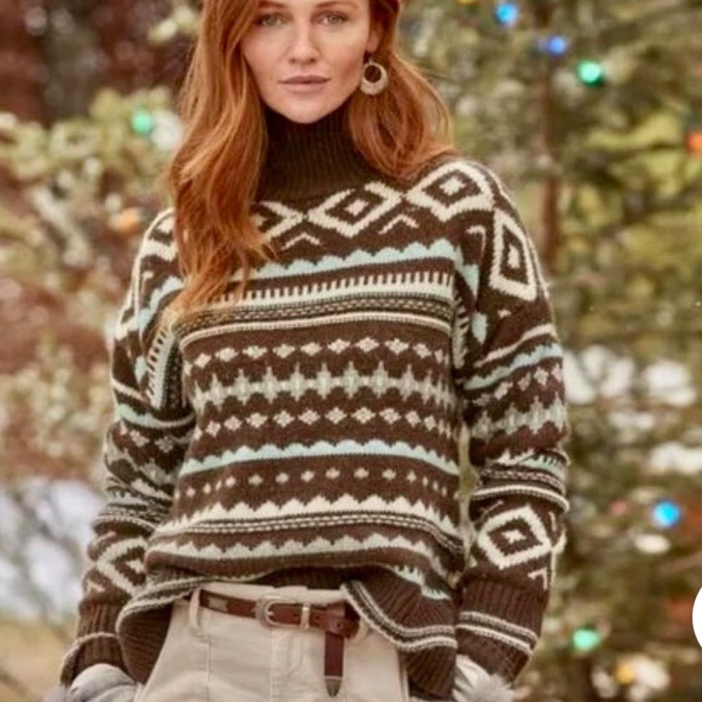 Sundance Brown, Cream & Light Blue Fair Isle Turtleneck Sweater - Picture 1 of 6